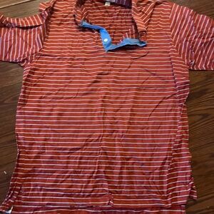 Mens Peter Millar orange  Red and White Striped Polo with Blue Accent